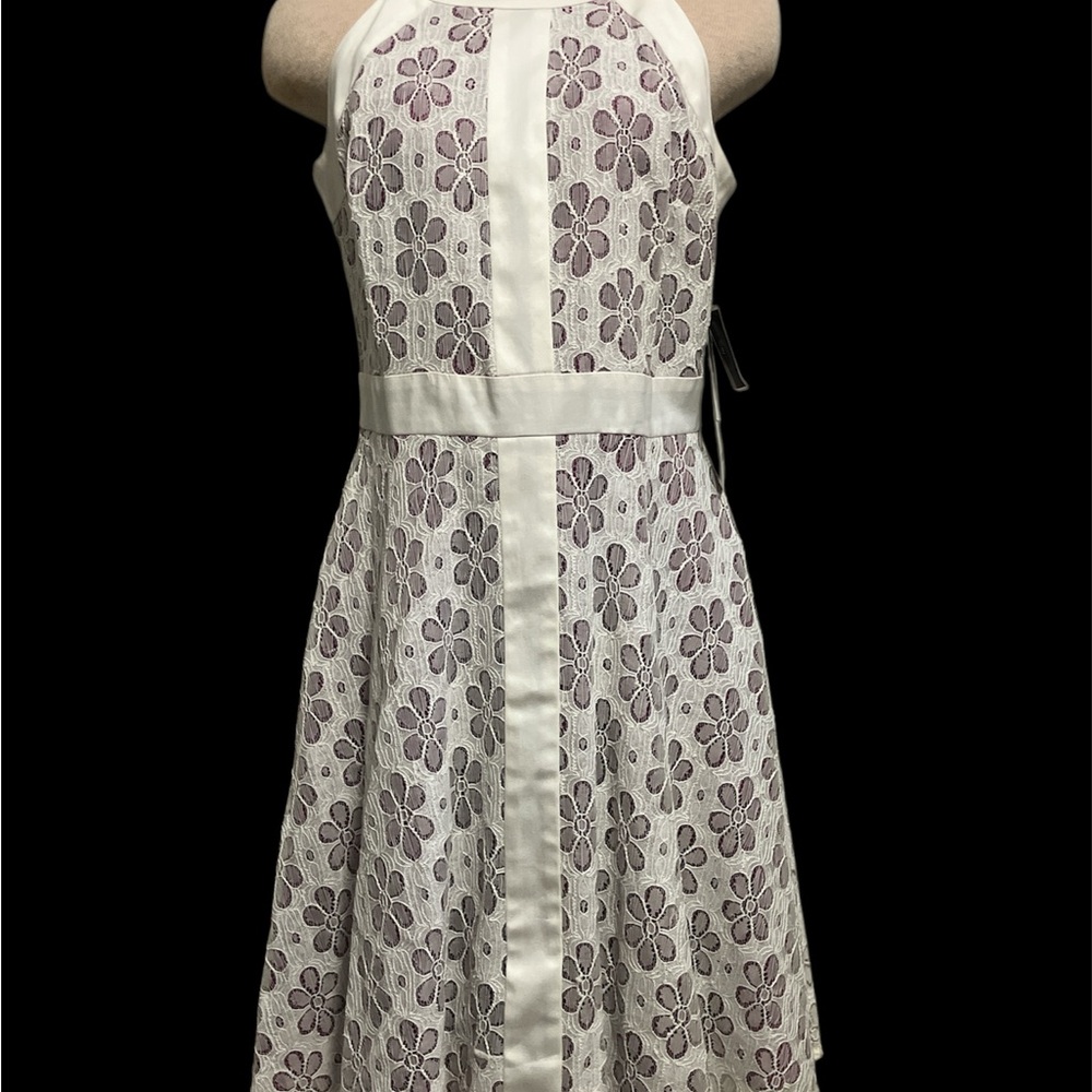Chetta B White and Purple Halter A-Line Midi Dress
